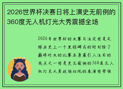 2026世界杯决赛日将上演史无前例的360度无人机灯光大秀震撼全场 2026世界杯决赛日将上演史无前例的360度无人机灯光大秀震撼全场